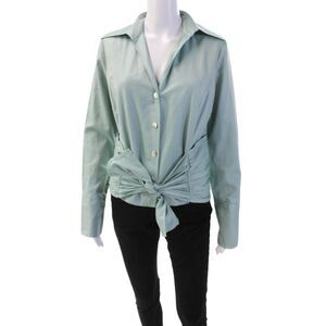 Farinaz Taghavi Womens Chevron Striped Button Down Shirt Green Cotton Size 10